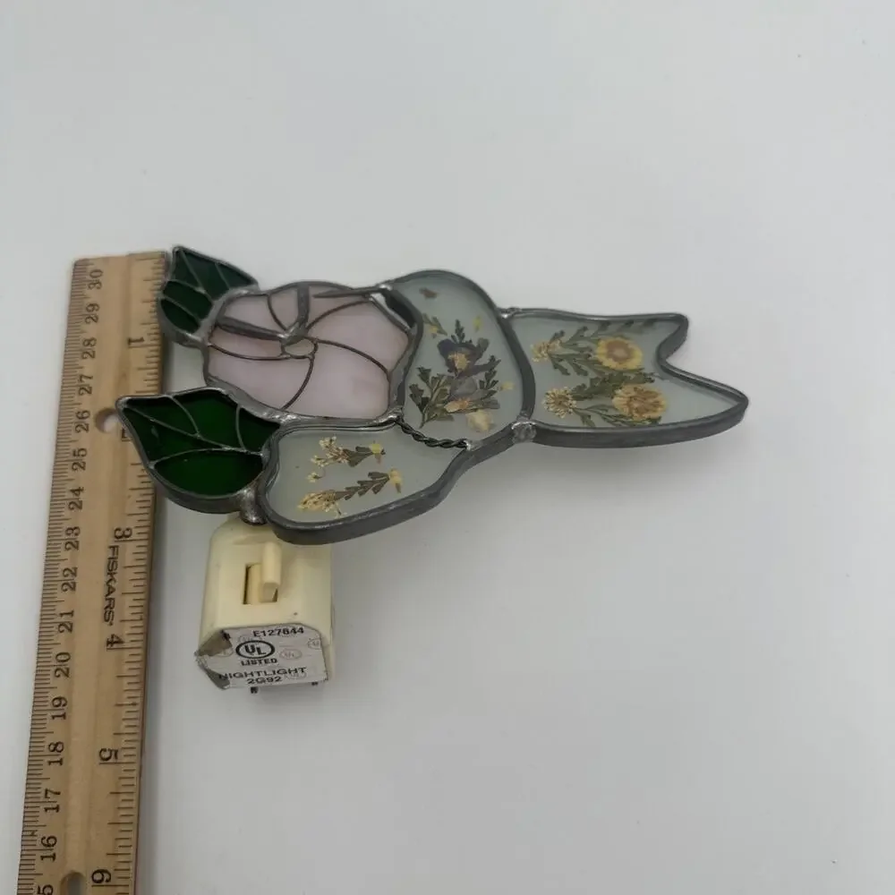Vintage Tiffany Style Stained Glass Nightlight Hummingbird & Dried Flowers